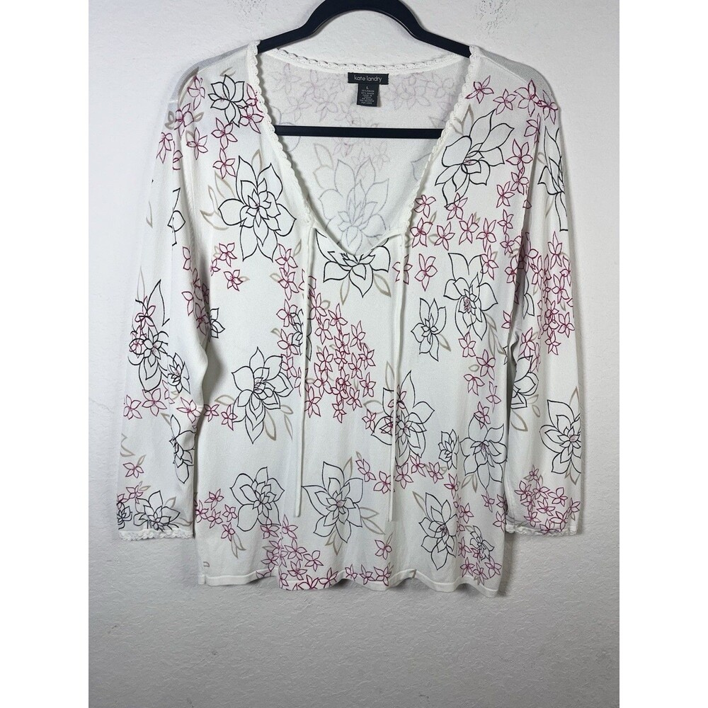 Kate Landry Floral Scalloped Neck and Sleeve Garden Cottage Top Womens Large